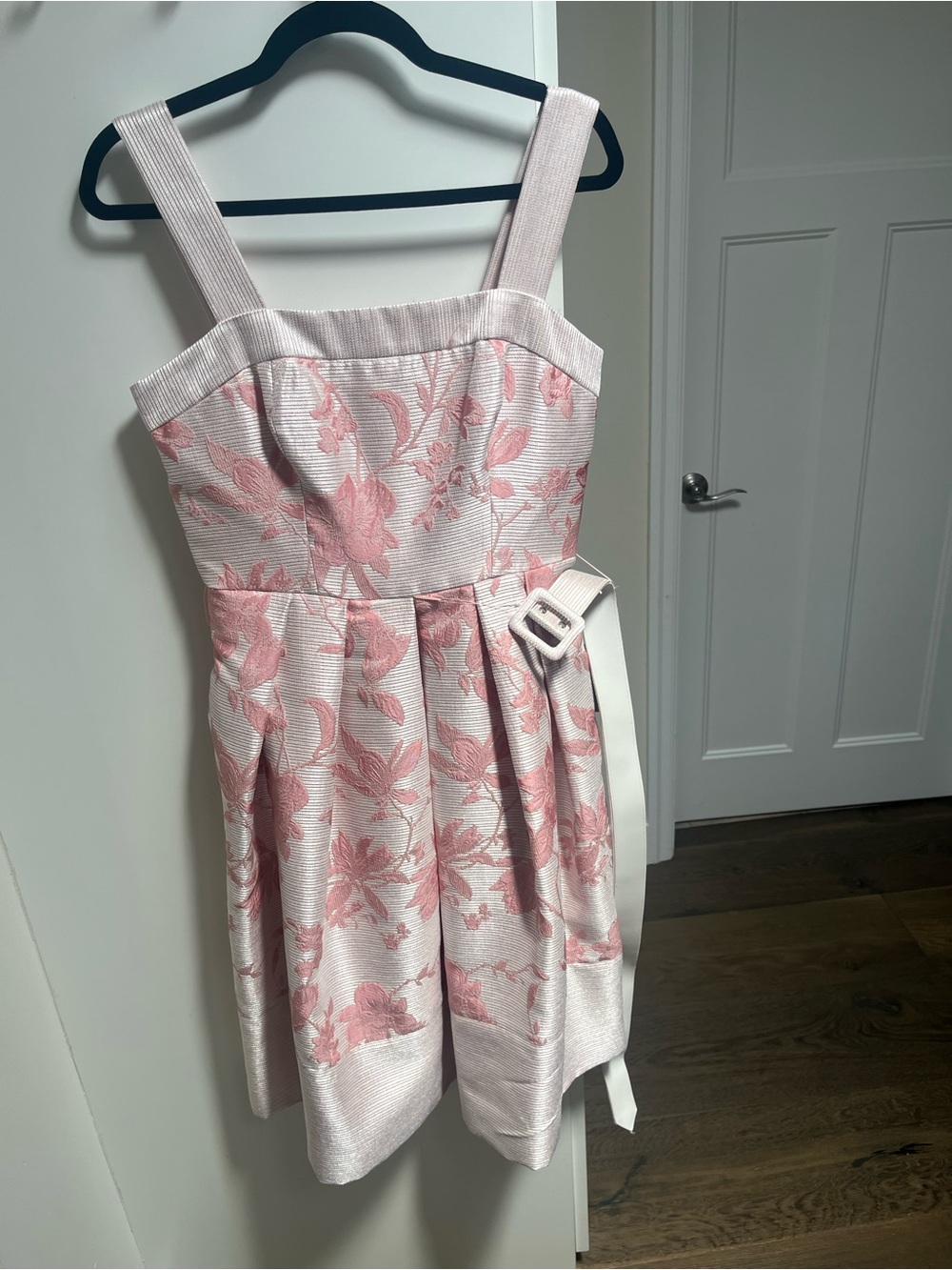 Gal Meets Glam Pink Floral Jacquard Fit-and-Flare Dress with Belt